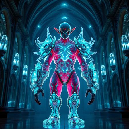 Masterpiece 5 protozoa/humanoid, bioluminescence translucent  body, with no ears and no nose, 32k, 16k, 8k, masterpiece, cinematic art, Kaiju bioluminescence translucent armor, standing inside a bioluminescence translucent cathedral,