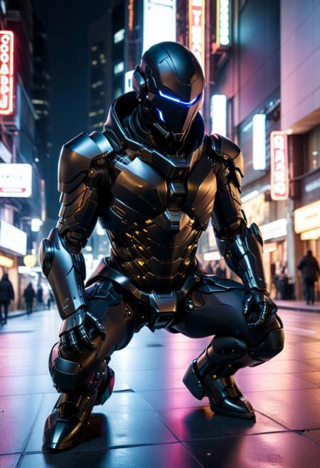 score_9, score_8_up, score_7_up, score_6_up, score_5_up, score_4_up, (absurdres, best quality, masterpiece:1.4), illustration, photorealistic, cinematic lighting, dynamic angle, perfect composition, mech armor, sleek black armor, cybernetic mask, hidden blades, cloak, stealthy, urban night, neon lights, crouching, silent, high-tech gadgets