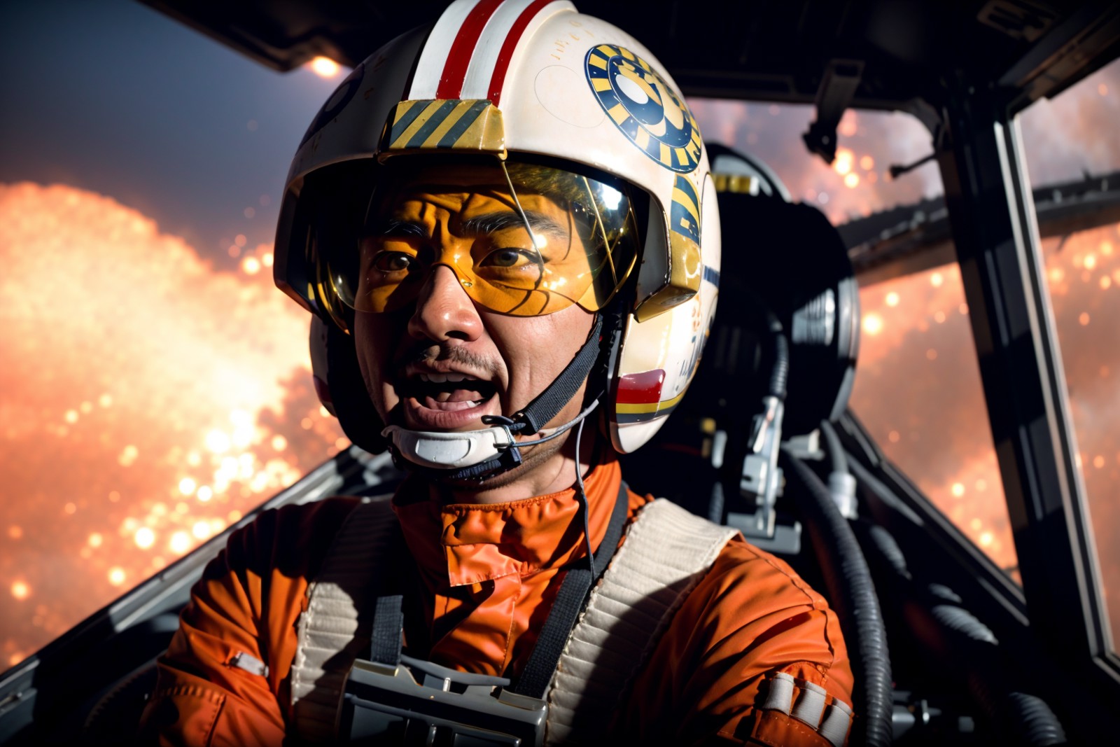 cockpit view,asian man in rebel pilot suit,screaming,helmet,googles,explosions<lora:RPSV3:0.8>