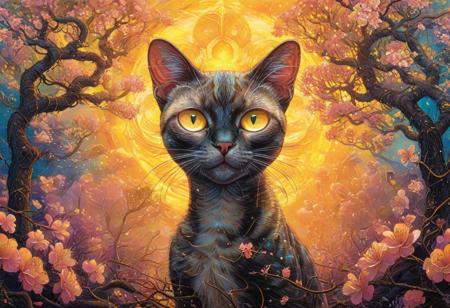 PsychadelicChaos, absurdres, high resolution, detailed, stylized by Alex Ross, Marc Silvestri, photograph, close up of a In a surreal landscape, the iconic Siamese Cat psychadeliced in a vibrant Enticing Yellow psychadelic is seen in front of a backdrop of cherry blossom flowers. at Sunset, Light, Gadgetpunk, Cold Lighting, Kodak portra 800, 80mm, One Color, <lora:Upgraders\Detail Tweaker XL:1.0>, <lora:Challenge\aidmaPsychadelicChaosWorldMorphXL-V0.1:1.0>