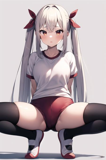 masterpiece, best quality, 
1girl, solo, full body, squatting, spread legs, 
twintails, white hair, very long hair, hair ribbon, red ribbon, 
gym uniform, uwabliang2, black socks, simple background, white background,