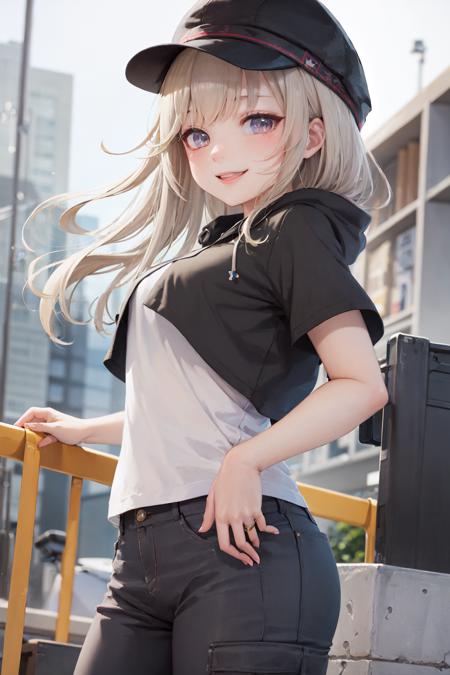 (masterpiece, best quality:1.2), <lora:vspo_komori-10:0.5>, solo, 1girl, komori met, virtual youtuber, smile, looking at viewer, black headwear, hooded jacket, short sleeves, cargo pants