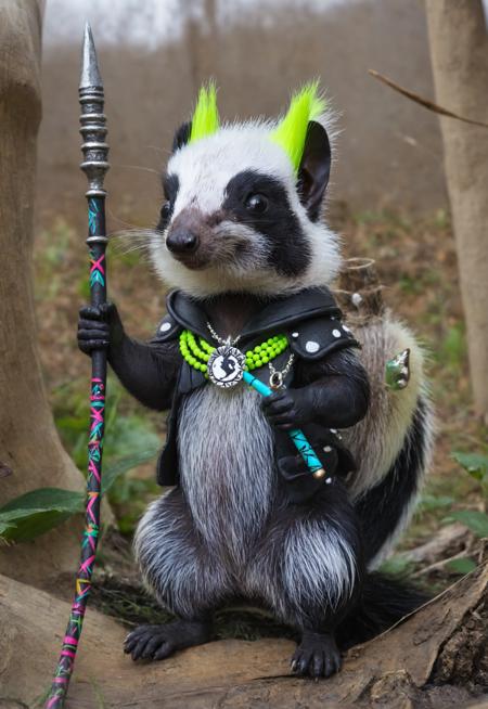 a punk skunk, holding staff, neon tribal necklace