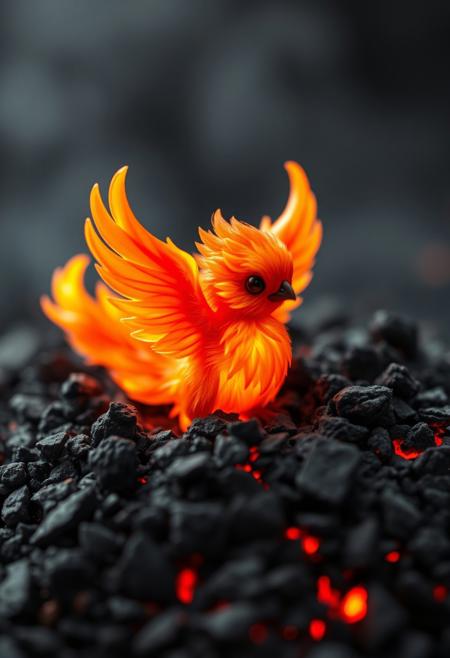 "A tiny, adorable baby fire Phoenix, its body a vibrant, flaming fireball, emerged from a large pile of ash, its beady, black eyes shining with a fierce, inner light. The Phoenix's tiny, delicate wings, a whispered promise of future greatness, unfolded from its back, like a lotus blooming in the flames. The Phoenix's flaming feathers, a soft, glowing ember red, seemed to dance and shimmer, like a thousand tiny flames, infusing the creature with a magical, otherworldly aura. The Phoenix's body, a swirling, fiery vortex, seemed to pulse with an inner light, as if the very essence of fire and rebirth had been distilled into this one, perfect form. The overall effect was one of breathtaking, adorable cuteness, as if the Phoenix were a living, breathing embodiment of the cycle of life and death, born from the ashes, reborn in fire and glory. The Phoenix's flaming body seemed to radiate a warm, golden glow, like a tiny, fiery sun, illuminating the surrounding ash and darkness."