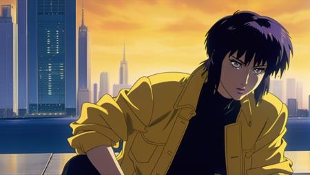 kusanagi motoko, yellow jacket,   looking of camera and city in background <lora:GhostInTheShell:0.7>