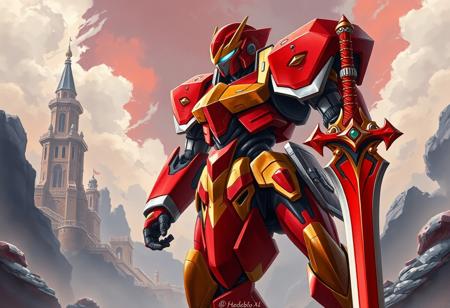 A masterful fantasy illustration of a Gem-Knight Quartz robot, a striking figure in red and gold with bold black and silver accents, standing in a proud, heroic stance. Its vibrant red head with a gold visor gleams, slightly tilted, hinting at curiosity. The robust body, a blend of red and gold with black and silver details, is depicted with an exceptional quality of handcrafted precision, showcasing super detailed armor plates and intricate mechanical aesthetic. The arms and legs, matching in design, are ready for action, with a red, gold, black, and silver sword firmly gripped in its right hand, emphasizing a sense of readiness and alertness in a well-timed moment. The background is a dramatic and ancient Fortress Whale's Oath, rendered as a sprawling, beautiful matte painting with sharp lines and expressive brush strokes, conveying a powerful message. The composition adheres to the Golden Ratio, utilizing a creative angle and attractive background to enhance the robot's majestic presence. Stunning multi-colored palette and harmonious colors create a captivating lighting. Style reminiscent of CGSociety concept art, with elements of Splash Ink Illustration for dynamic effects around the robot, showcasing vivid emotions and a joyful impact. Trending on ArtstationHQ.