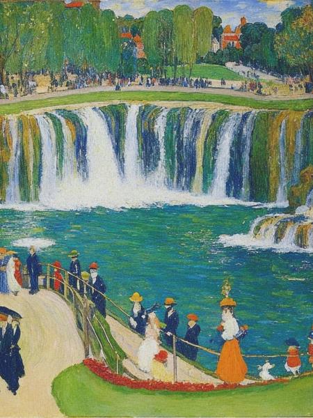 <lyco:MauricePrendergast:1.0> A grand waterfall in a city park by Maurice Prendergast