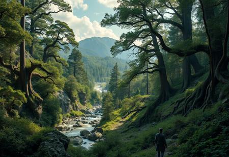 vast natural wilderness, untouched by human hands, sprawling forests, overgrown vegetation, towering ancient trees, dense foliage, soft earthy textures, wild rivers flowing through the landscape, rocky cliffs and natural formations, no signs of civilization, tranquil lakes reflecting the sky, wildlife roaming freely, serene and peaceful, moss-covered stones, sunlight filtering through thick tree canopies, untouched landscapes, overgrown vines wrapping around massive trees, vibrant flowers scattered across fields, natural caves and grottos, birds and animals thriving in their habitats, photorealism, high resolution, ((masterpiece)), gentle breeze rustling leaves, symbiotic balance between flora and fauna, unspoiled natural beauty, wild meadows, dense underbrush, mountains rising in the distance, soft shadows cast by towering trees, natural harmony, quiet and still