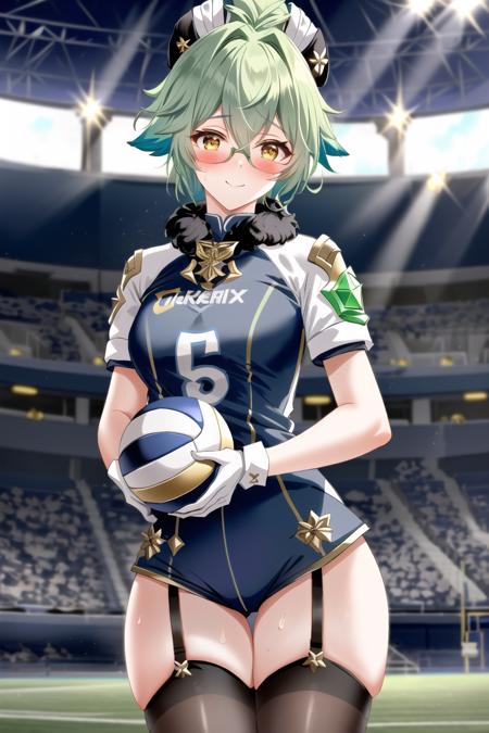 masterpiece, best quality, detailed,
sucrose \(genshin impact\),
volleyball player, blue volleyball uniform, numbered, 
green hair, medium hair, medium breasts, {orange eyes}, ponytail, smile, solo,animal ears, bangs, blush,
grey thighhighs, white beret, zettai ryouiki, short shorts, semi-rimless eyewear, fur collar, gold trim,  thighhighs, thighs, garter straps, white gloves,
mksks style, blue sky, highly detailed background, volleyball ball, stadium, indoor stadium, crowd, bodysweat, professional lightning, spotlight,