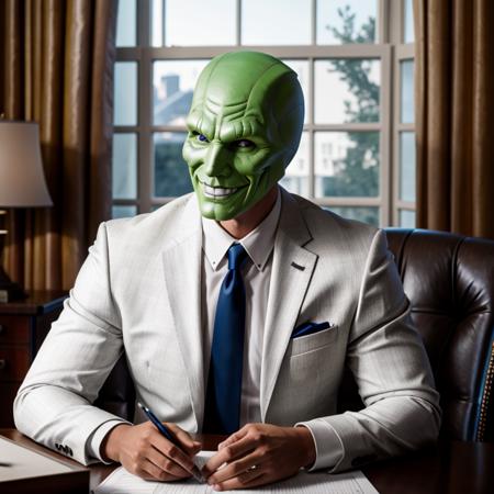 Hyperrealistic art of  <lora:The Mask SD1.5:1.2>
The Mask a man in a suit and mask sitting at a desk in the white house, Extremely high-resolution details, photographic, realism pushed to extreme, fine texture, incredibly lifelike