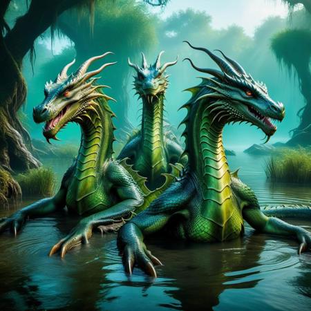eerie swamp, hydra, three headed dragon, three necks on one body, shared body, long necks, wet, half submerged, glistening scales, (absurd res:1.2), (photorealistic:1.2), BREAK, (8k:1.0), (hi res:1.0), (masterpiece:1.0), (best quality:1.0), (realistic:1.2), (ph0t0x2:1.0), (vibrant colors:1.0)