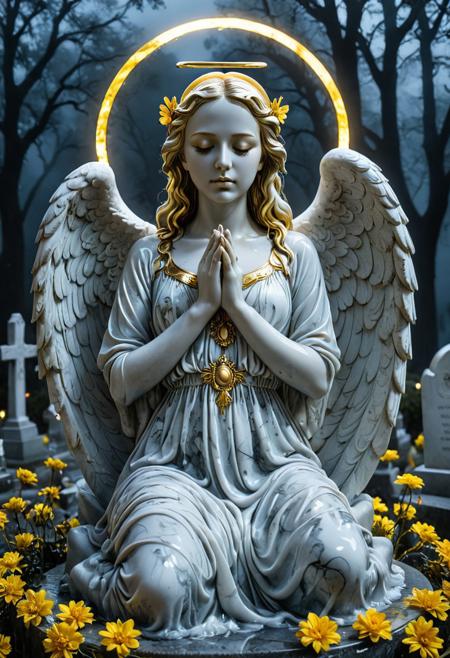 score_9,score_8_up,score_7_up, makeup, Graveyard, Angel Statue, eyes closed, hands clasped in front , foggy, night, full moon,  Liquid Marble, liquid gold drip, golden halo, flowers,