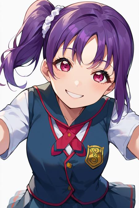 Sarah Kazuno,purple hair,side ponytail,pink eyes,hair scrunchie,white scrunchie, school uniform,dark blue vest,white shirt,long sleeves,pleated skirt,