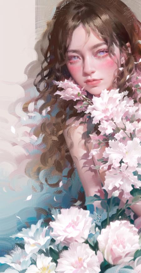 solo, 1girl, flower, brown hair, blush, looking at viewer, white flower, blue eyes, portrait, bangs, realistic, oil painting<lora:water_lily:0.9:OUTALL>