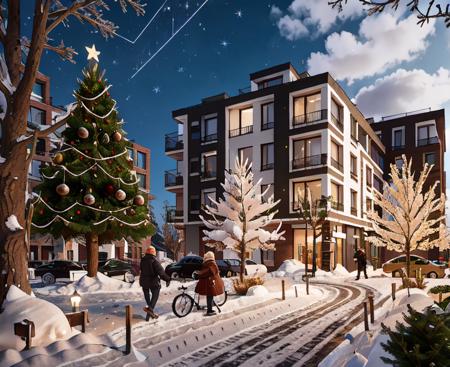 brus apartment colorful, building, winter,  christmas, christmas tree with lights, trees with snow, lights, ( night :1.4), snow, riding bike, people walking, RAW photo,  trees, modern architecture, windows, corona render, highres, high quality, hyperrealistic, super detailed, intricate, shadows, <lora:brusArch:0.7>
  <lora:COOLKIDS_MERGE_V2.5:1>