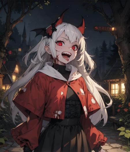 best_quality,Raw,illustration,official art,(muted color,partially colored:0.8),detailed linear hatching\(texture\),recolored,flat color,night,1girl,vampire,lovely,16yo,cobe,bloody teeth,laughing,forest