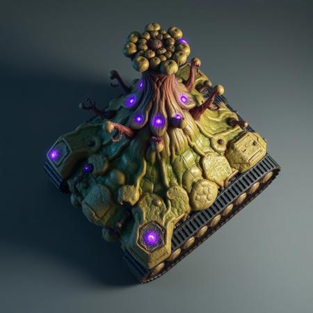 ((top view)), (tank),
Tall tank with fungal tower rising from the center and spreading cap-like armor out over the body.
Chassis: Coral-like chitin plating, semi-organic with branching root textures. Slight iridescence in shifting light.
Tracks: Short, stocky treads with fungal lattice stabilizers over each corner.
Details: Central tower leaks bio-mist during idle. Crust-like armor plates pulse faintly as mycelial network reconfigures.
Lights: Purple luminescence from fungal nodes. Spore lamps blink in repeating bio-patterns.