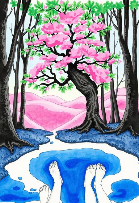 masterpiece, best quality, (realistic:0.35), traditional media, watercolor /(medium/), blue blob, blue puddle, blue oil, multiple feet, blue background, pink theme, outdoors, tree, forest, pink tree, hills