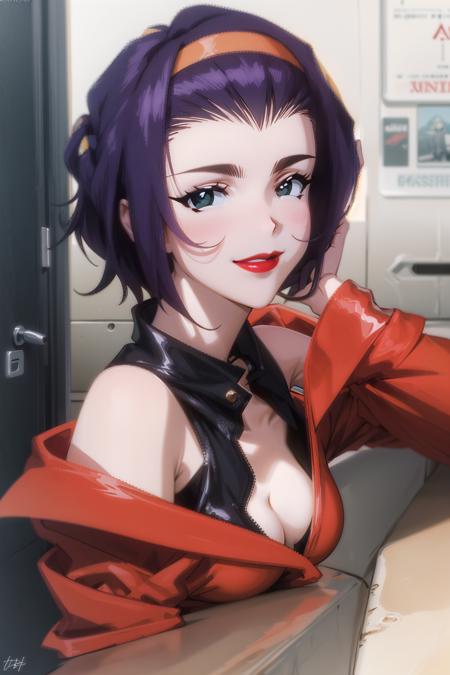 masterpiece, best quality, ultra-detailed, absurdres, Potrait of beautifulFayeCB, solo, hairband, lipstick, makeup, breasts, yellow_hairband, black_eyes, bare_shoulders, jacket, upper_body, medium_breasts, smile, red_lips, popped_collar, red_jacket, volumetric lighting, best quality, masterpiece, intricate details, tonemapping, sharp focus, hyper detailed, trending on Artstation, <lora:FayeCB:1>