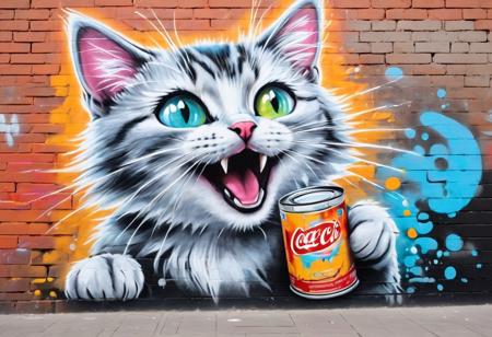 Graffiti, pastel. A bright street mural on a brick wall depicting a cartoonish mischievous cat with white hair. The cat is holding a can of paint and spraying it. The cat has an exaggerated, joyful expression, showing his sharp teeth. The background is a mix of graffiti-style elements and splashes of color, emphasizing the atmosphere of urban street art.