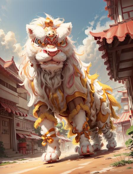 xingshi, lion costume, extra detailed, 8k, 4 legs,  outdoors, beautiful sky,  close up, high resolution,  <lora:xingshi-v1:1>, (Anime Scene, Toonshading, Satoshi Kon, Ken Sugimori, Hiromu Arakawa:1.2), (Anime Style, Manga Style:1.3), Low detail, sketch, concept art, line art, webtoon, manhua, hand drawn, defined lines, simple shades, minimalistic, High contrast, Linear compositions, Scalable artwork, Digital art, High Contrast Shadows, glow effects, humorous illustration, big depth of field, Masterpiece, colors, concept art, trending on artstation, Vivid colors, dramatic