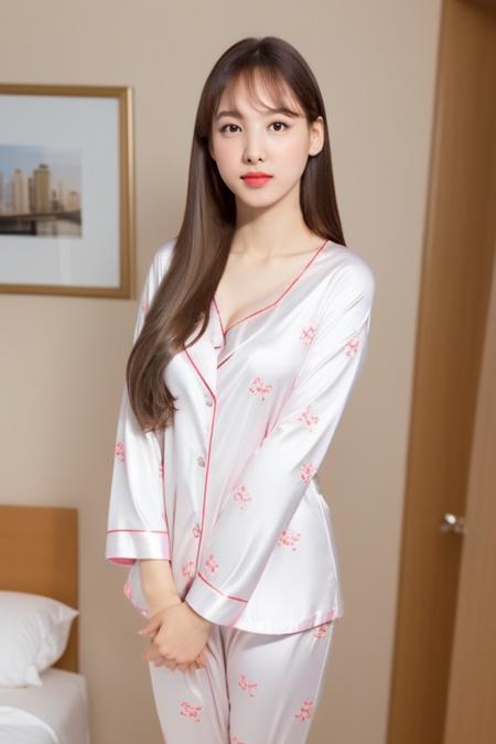 <lora:TwiceNayeon:1>,nayeon,RAW,(8k, best quality, masterpiece:1.2),(full body shot:1.4),octane render,extremely detailed CG unity 8k wallpaper,studio soft light, rim ligh,in hotel,bed,cozy room,sunlight,(a girl is wearing pajama:1.5),hyper realistic detail shiny skin,ultra detailed,(ultra realistic:1.5),(looking at viewer:1.2),(intricate:1.2),(photorealistic:1.4),1girl,(skinny:1.3),detailed background,black hair,bangs