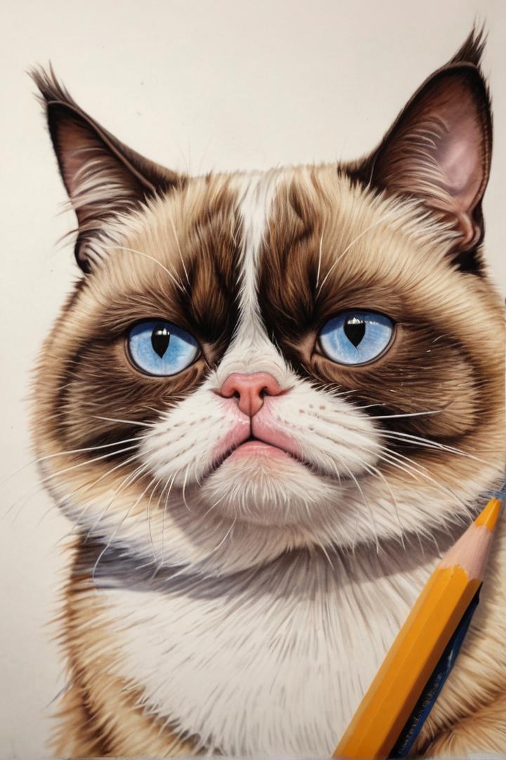 a color pencil caricature of grumpy cat looking funny, colorful, extremely detailed