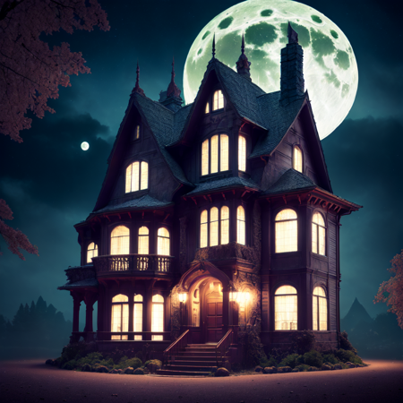 photo, a house at night with a full moon (Metroidvania style:1) <lora:djzMetroidvaniaV21:1>