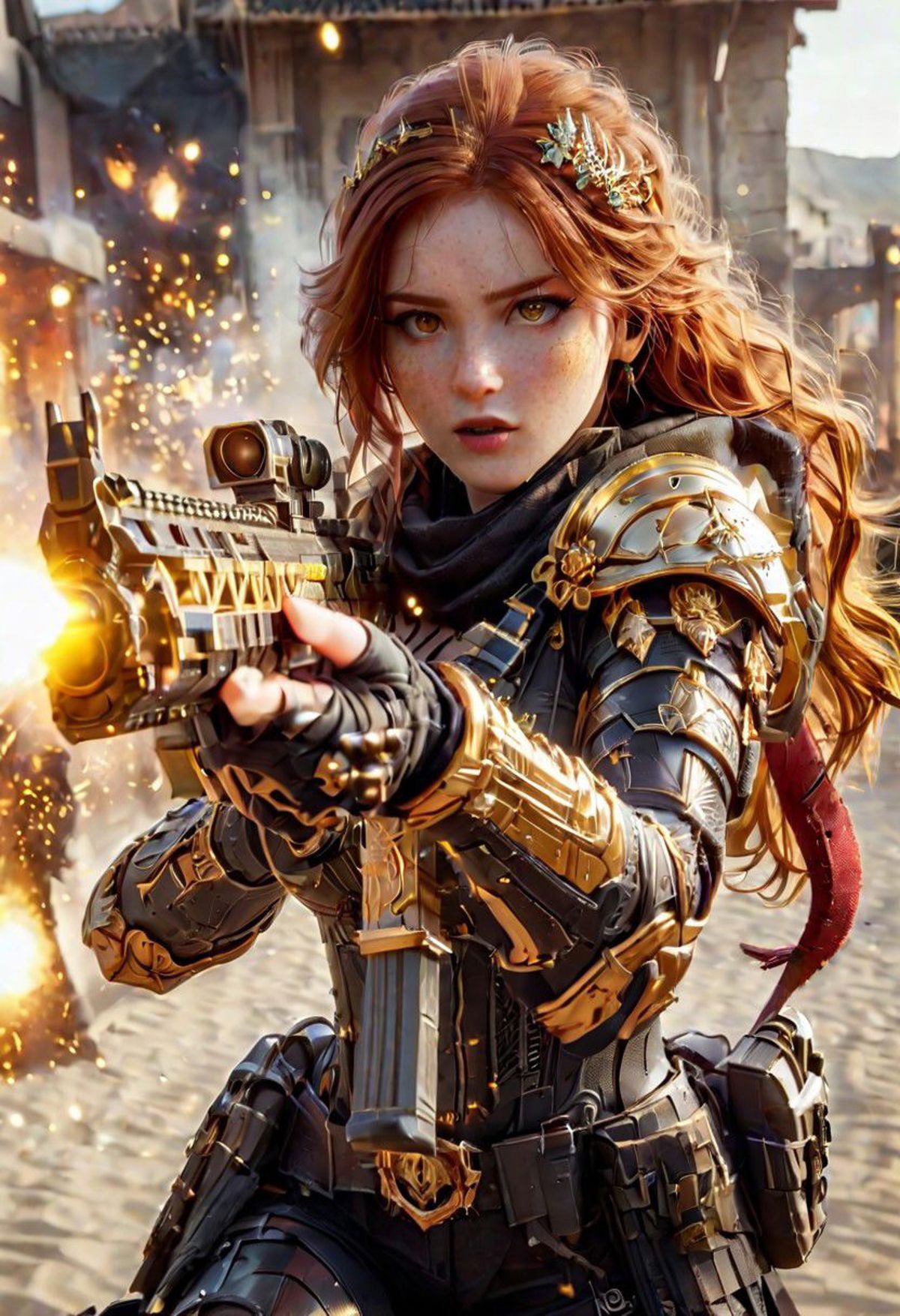 beautiful female redhead assassin with freckles in a battle arena wielding Assault Rifle (made of banana:1.2), action shot...