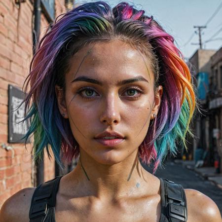 epic realistic, DV_Karah_Vicious, cyberpunk lanscape, ultra realistic, cinematic lighting, ultra detailed, detailed gorgeous face, beautiful girl, olive skin, medium length rainbow hair, simetric face, good anatomy, deusamelada, (Masterpiece:1. 3), (best quality:1. 3), <lora:add_detail:0. 4> <lora:epi_noiseoffset2:0. 4> <lora:hairdetailer:0. 6> <lora:more_details:0. 3> <lora:add-detail-xl:1. 2> <lora:DetailedEyes_V3:1. 2> <lora:sd_xl_offset_example-lora_1. 0:1. 2>, (natural skin texture, hyperrealism, soft light, muted colors), background, rutkowski, rim light