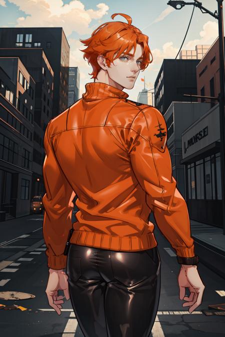 masterpiece, best quality, 1 male, adult, handsome, tall muscular guy, broad shoulders, finely detailed eyes and detailed face, extremely detailed CG unity 8k wallpaper, intricate details, orange hair, old leather jumper, black leather pants, looking back, abandoned city, grey sky, depth of field