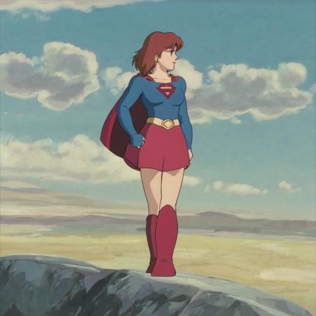 full-length full-body screencap in ghst artstyle of ncpp with srhh hairstyle wearing supergirl outfit with cape