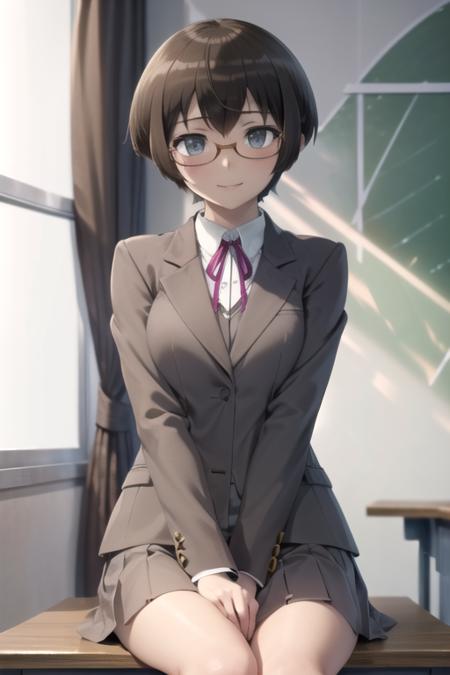 (extremely detailed CG unity 8k wallpaper), (masterpiece), (best quality), (ultra-detailed), (best illustration), (best shadow), (absurdres), 1girl, solo, <lora:manami:0.8>, manami tamura, glasses, closed jacket, school uniform, sitting, classroom, looking at viewer, smile,