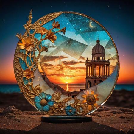 Double exposure sunset, Rococo-style surrealism, (Re) AlDeeb AlDeeb madness by o.f.a., by aldeeb, fairytale elements with fantasy and mythology, dynamic poster format, textured crackled paper effect, splatter alcohol ink for close-up, glass nautilus shell featuring golden ratio, bioluminescent flowers with filigree details, glass-faceted against radiant night sky, fluorescent lighting, hyperrealistic HDR quality, sharp focus, high contrast, 64 megapixel, rule of thirds composition, enveloping visual experience, digital painting.