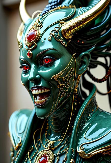 Close-up shot of CRT screen, Polished Jade and Polished Grape Stone occult sculpture with gold filigree, blood red eyes, hyper-detailed, cybernetic god, wired horror, statue, woman, artificial face, wires, laughing, creepy grin, malevolent, contemptuous, sharp edges, sharp jaw, prominent cheekbones, digital demon, ominous, post-human, portrait, humanoid, plates, circuitry, pcb_style, stone, infected, scorn, anger, digital artifact, best quality,
