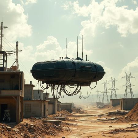 ultra high resolution, masterpiece, best quality, small featureless boxy glossy black spacecraft with a heavily textured surface hovering low to the ground, underneath the spacecraft are cables hoses and wires, antennas on top, cables hanging from below, rectangular in shape, futuristic world, post apocalyptic landscape, ((low concrete buildings:1.3)) anti gravity, in the atmosphere, sky, clouds, ground visible, hovering, dry, ((dusty)), bleak landscape, parched, bright noon sunlight, square shapes, bleached colors, destroyed industrial buildings, powerlines and towers,