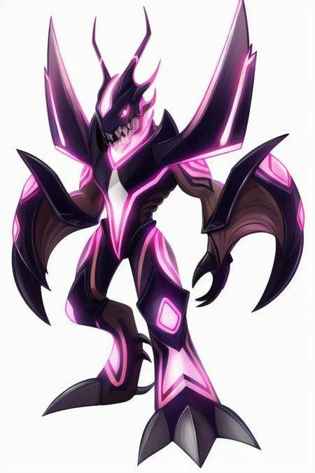 Solo, symmetry, Digimon, digimon \(species\), x-digimon, outline, white background, <lora:DigimonLoraV1:1> (Massive glowing markings Alien Minimalist Symmetrical,  Six-Fingered Hands,  Spiked-Tailed, Bark-like Skin,    Wide Jaw Fuchsia)