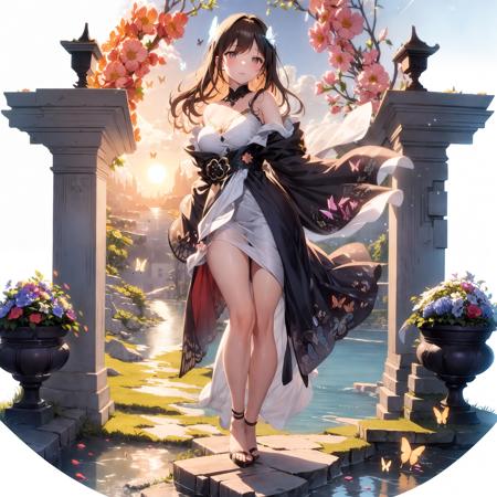 [(white background:1.5)::5], hexagon,
1 girl, mid shot, full body, 
butterflies, flowers,floating petal,stone fragment,  beautiful detailed water,cloud,sun,dusk,sunset,beautiful detailed gate,