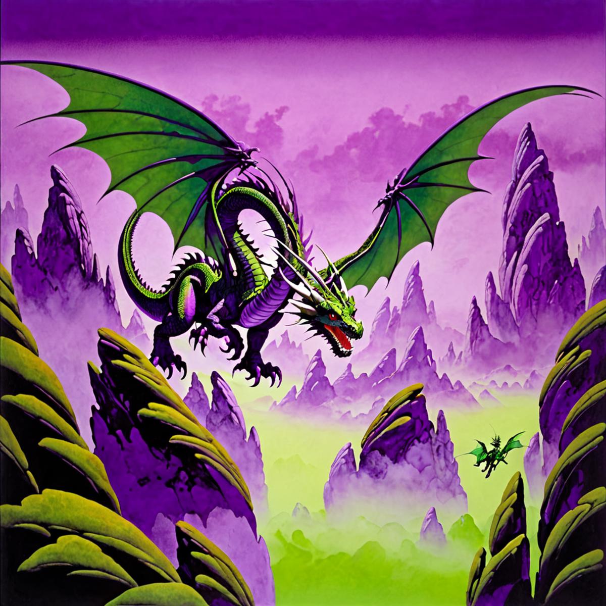 <lora:Roger_Dean_Style:1> roger dean style a beautiful landscape with purple sky, green mountains, dragon flying