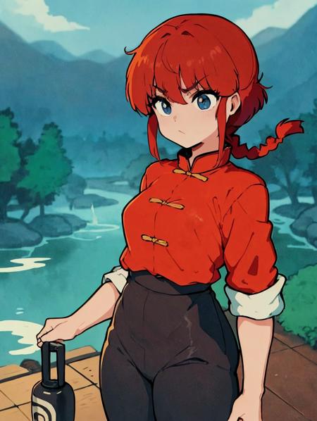 best quality, masterpiece,anime,saotomeranma,1girl, coldwater, standing with a japanese garden in the background,  <lora:ranma_v1:0.8>,(cowboy_shot), chinese clothes,red hair, black pants, posing