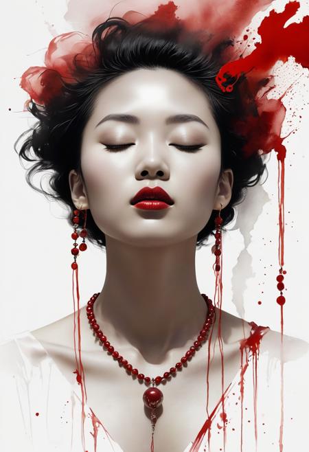 solo,black hair,white background,abstract,dissolving,jewelry,necklace,afro,1boy,closed eyes,simple background,abstract art,female figure,ink wash painting,Chinese style,ethereal,red beads,flowing garment,dissolving effect,monochrome,fine art,hidden face,traditional Chinese characters,Asian influence,brush strokes,artistic,portrait,vertical composition,