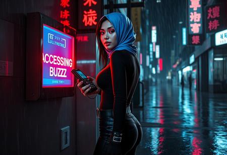Photorealistic cyberpunk scene in the visual style of Blade Runner. A busty arab woman stands in front of a glowing wall-mounted terminal in a rain-drenched Neo Tokyo alley at night. She faces the terminal directly, her luminous electric blue hijab framing her head, with strands of black hair peeking out. Her dramatic, futuristic makeup includes bold luminescent pink eyeshadow extending to her temples, heavy metallic eyeliner, and glittery pink lipstick that sparkles in the rain. She wears a tight black turtleneck stretched over her full bust, skin-tight tactical pants, black belts with chrome buckles, and sleek high-heeled boots. Her left hand holds a high-tech handheld computer, connected to the terminal with a thin silvery wire. The terminal screen displays large, glowing red letters: “ACCESSING BUZZ.” The red light from the screen casts a bold red glow on her face and upper body. The scene is soaked in rain, with neon kanji signs flickering in the mist, wet pavement reflecting light, and a deep cinematic atmosphere of grit and tension.
–v 5 –ar 16:9 –style photorealistic –lighting cinematic red neon glow –atmosphere rainy, moody, urban –quality ultra-detailed –text “ACCESSING BUZZ” in glowing red