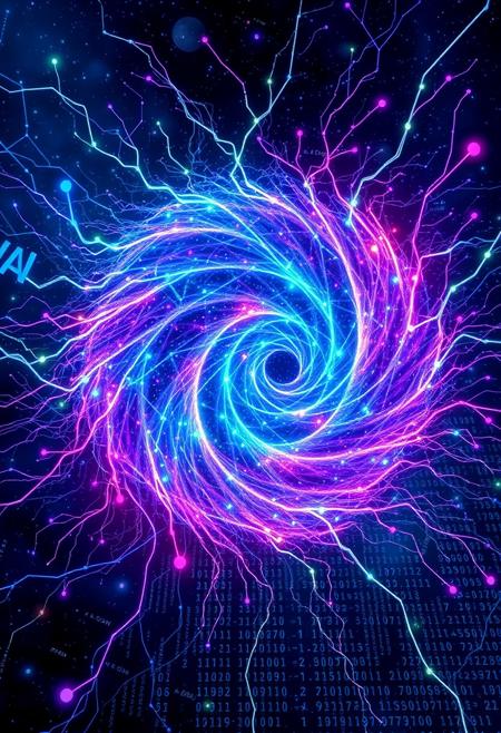A vibrant, swirling vortex of interconnected neurons forms the central focus, pulsing with electric blues, vivid purples, and glowing greens. These neural pathways morph seamlessly into streams of binary code and floating mathematical equations.
The background shifts between a cosmic starfield and a matrix-like digital rain, blending the vast potential of space with the infinite possibilities of the digital realm.
This image aims to capture the wonder, complexity, and potential of AI, appealing to those interested in its technical aspects, philosophical implications, and creative applications.