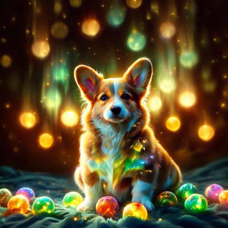 morph-aurora, dark, chiaroscuro, low-key, breathtaking masterpiece showcasing a gorgeous Pembroke Welsh Corgi puppy, bathed in soft, golden morning light, surrounded by vibrant bokeh balls that frame its delicate form. <lora:aurora_0_100_V1-000009:1>