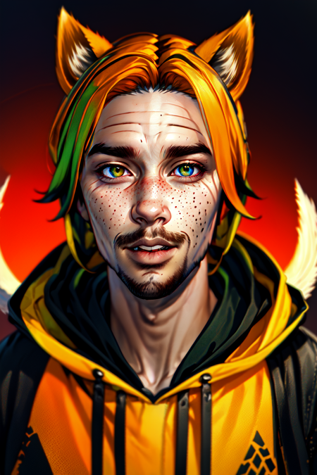 <lora:SecondLife:.6> Second Life, masterpiece, 1boy, male_focus, solo ,solo, animal ears, facial hair, heterochromia, orange hair,green eyes, wings, hood, hoodie, freckles, beard, fox ears, simple background, hood down, cat ears, upper body,Kodak colors, rim lighting,