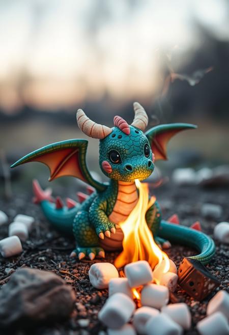 cute small dragon using fire breath to roast marshmallows