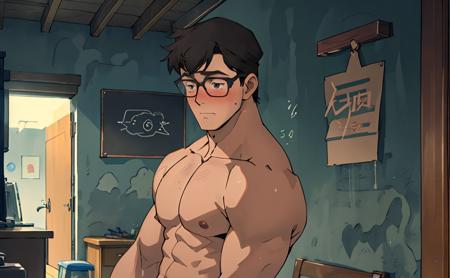 1boy,clark,mature male,black hair,glasses,topless,blush,upper body,((masterpiece)),((best quality)),8k,high detailed,ultra-detailed,anime,CG,{{Masterpiece, Best Quality, Extremely Detailed CG, Unity 8k Wallpaper }},
 <lora:clark-000010:0.8>