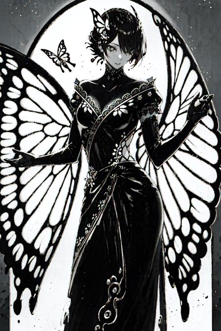 masterpiece, best quality, 1girl,monochrome,glowing, <lora:Dark-000010:1>,butterfly