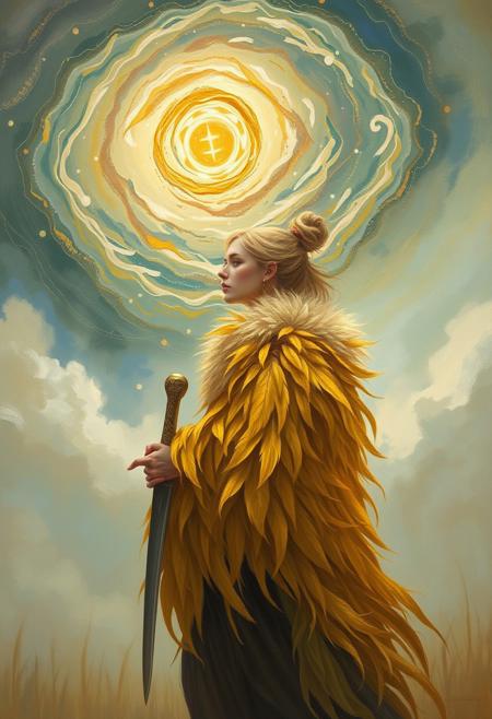 A dreamlike warrior wrapped in golden feathers stands beneath a swirling cosmic sky, blade resting on her shoulder, Skagen painting style, impressionistic brushwork, warm color palette, natural light, intimate interiors, rural life depictions, serene compositions, simple yet poetic themes, soft textures, delicate figures, Scandinavian atmosphere, everyday moments, luminous realism.