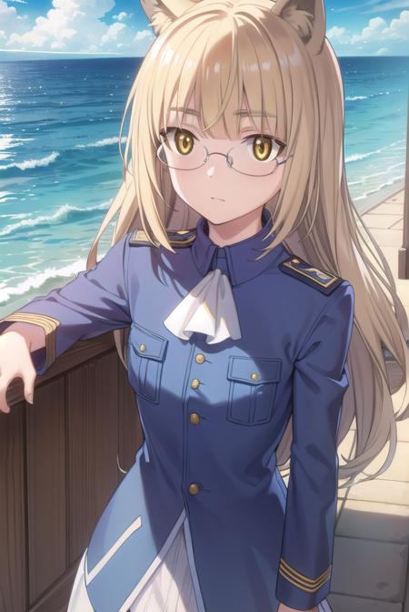 perrineclostermann, <lora:perrine clostermann anime-lora-nochekaiser:1>,
perrine clostermann, long hair, blonde hair, animal ears, (yellow eyes:1.5), glasses, dog ears,
BREAK uniform, military, military uniform, ascot, white ascot,
BREAK outdoors, ship, ocean, sun, sky, clouds,
BREAK looking at viewer, (cowboy shot:1.5),
BREAK <lyco:GoodHands-beta2:1>, (masterpiece:1.2), best quality, high resolution, unity 8k wallpaper, (illustration:0.8), (beautiful detailed eyes:1.6), extremely detailed face, perfect lighting, extremely detailed CG, (perfect hands, perfect anatomy),